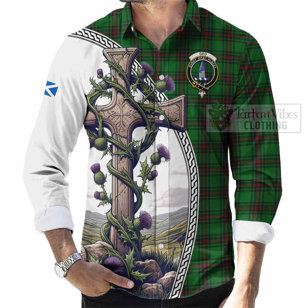 Tartan Vibes Clothing Ged Tartan Long Sleeve Button Shirt with Family Crest and St. Andrew's Cross Accented by Thistle Vines