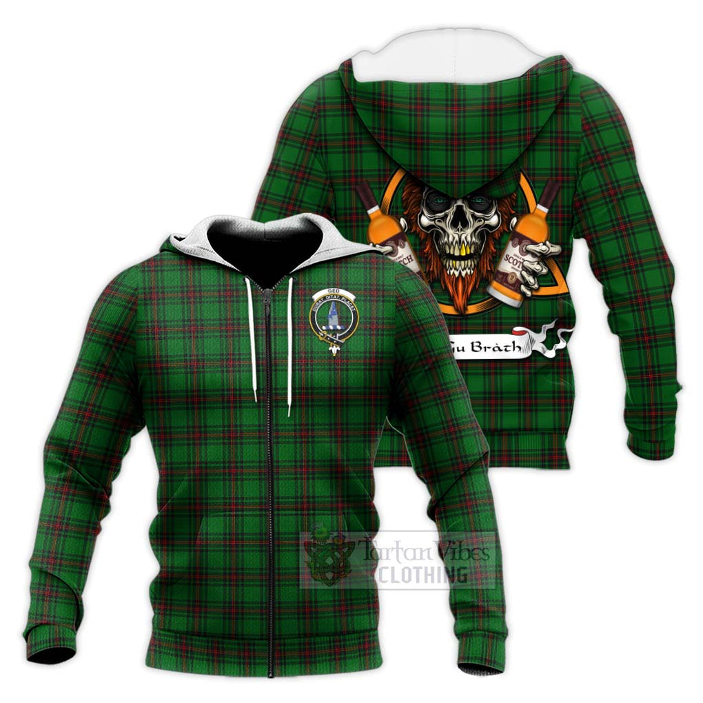 Tartan Vibes Clothing Ged Tartan Knitted Hoodie with Family Crest and Bearded Skull Holding Bottles of Whiskey