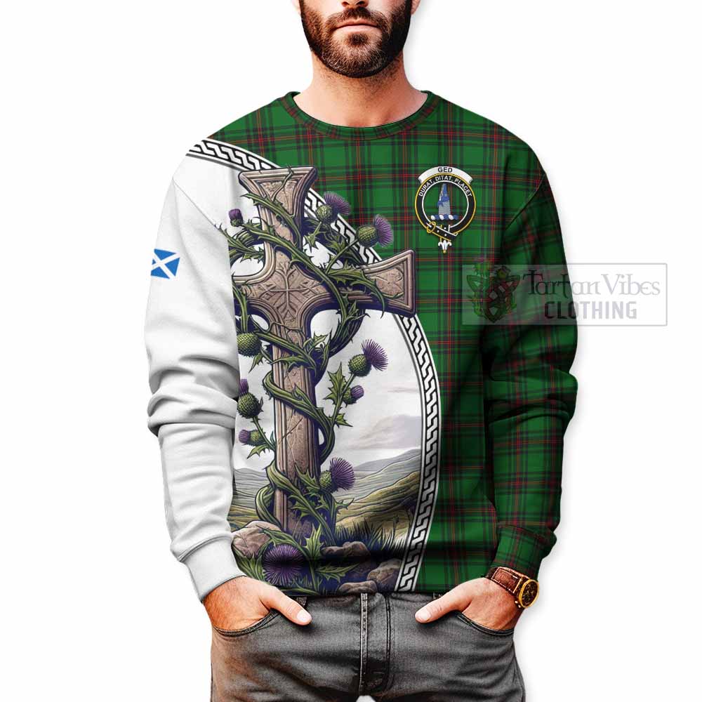 Tartan Vibes Clothing Ged Tartan Sweatshirt with Family Crest and St. Andrew's Cross Accented by Thistle Vines