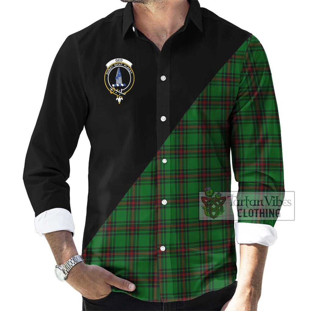 Ged Tartan Long Sleeve Button Shirt with Family Crest and Military Logo Style - Tartanvibesclothing Shop