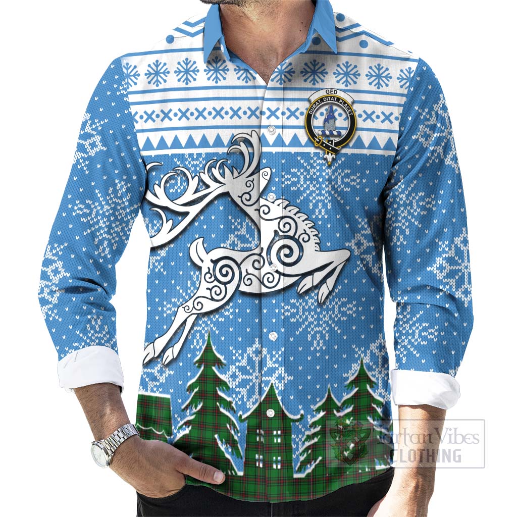 Tartan Vibes Clothing Ged Clan Christmas Long Sleeve Button Shirt Celtic Reindeer Style