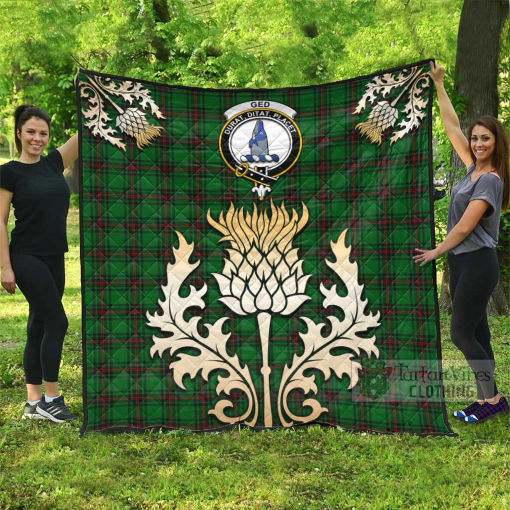 Tartan Vibes Clothing Ged Tartan Quilt with Family Crest and Golden Thistle Style