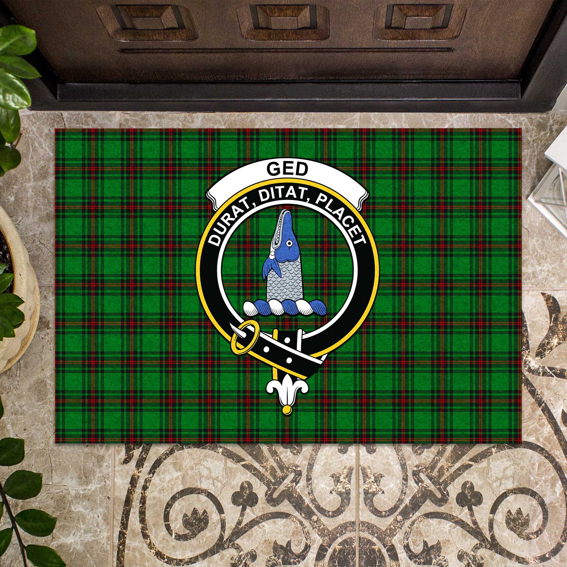 Ged Tartan Door Mat with Family Crest - Tartanvibesclothing