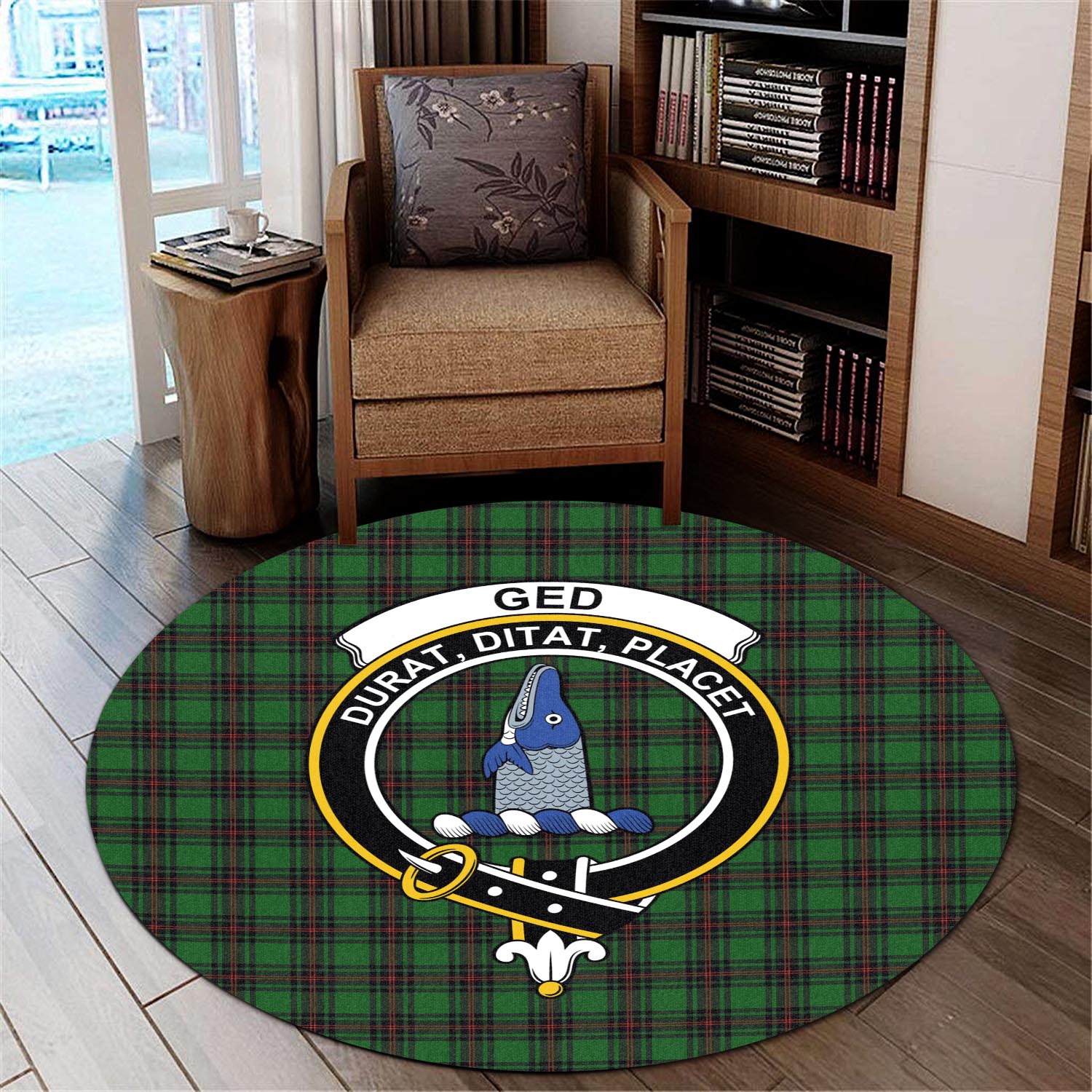 ged-tartan-round-rug-with-family-crest