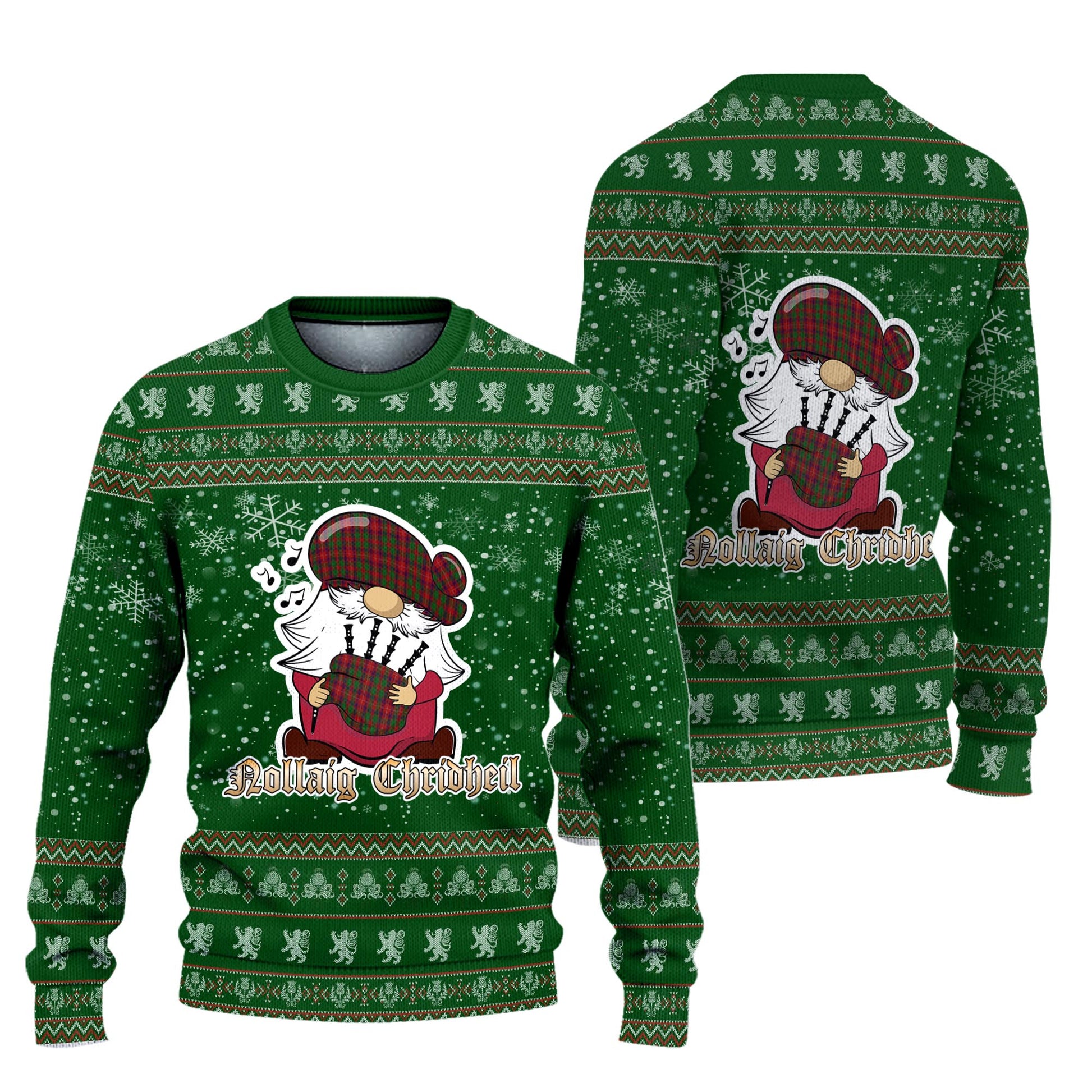 Geddes Clan Christmas Family Knitted Sweater with Funny Gnome Playing Bagpipes Unisex Green - Tartanvibesclothing