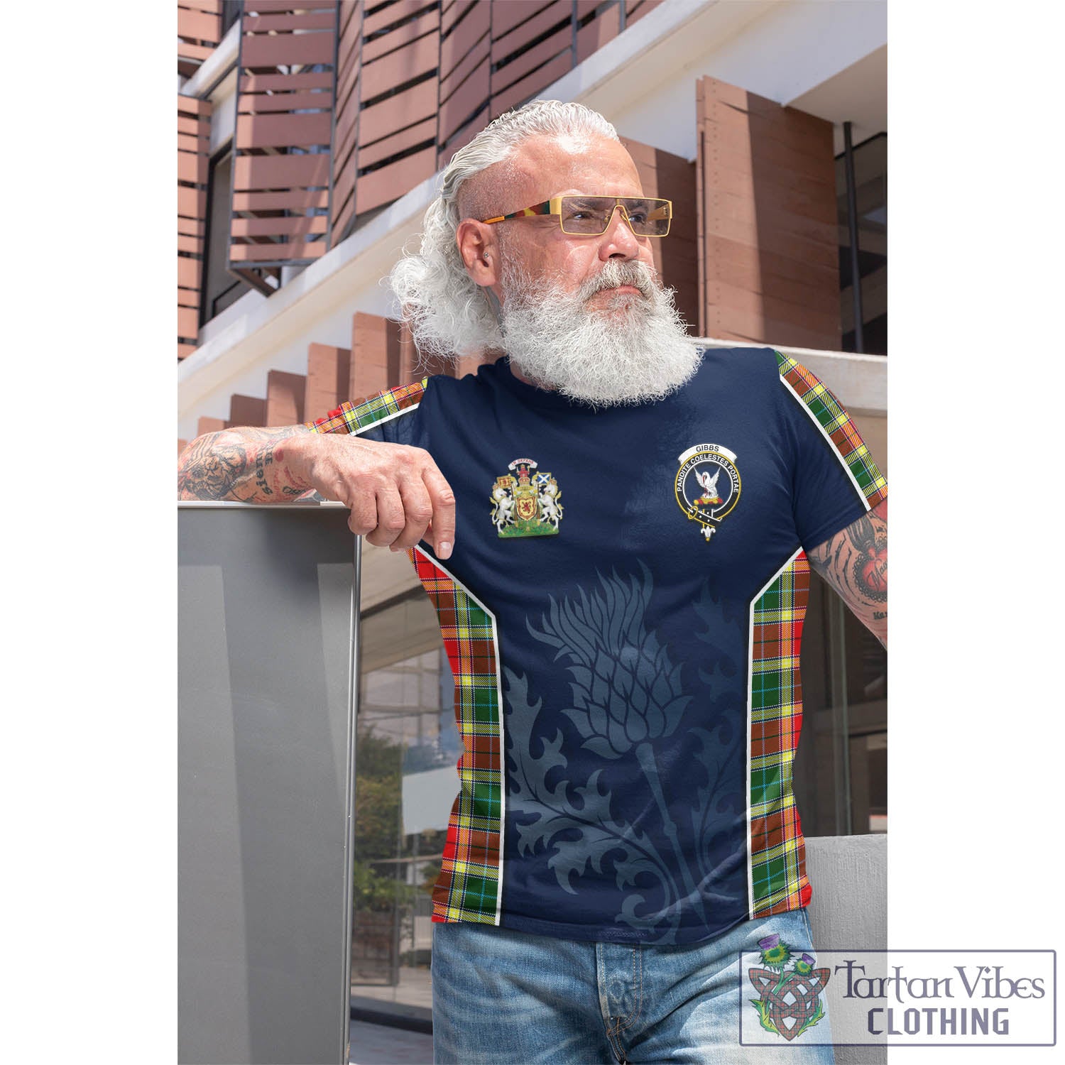 Tartan Vibes Clothing Gibbs Tartan T-Shirt with Family Crest and Scottish Thistle Vibes Sport Style