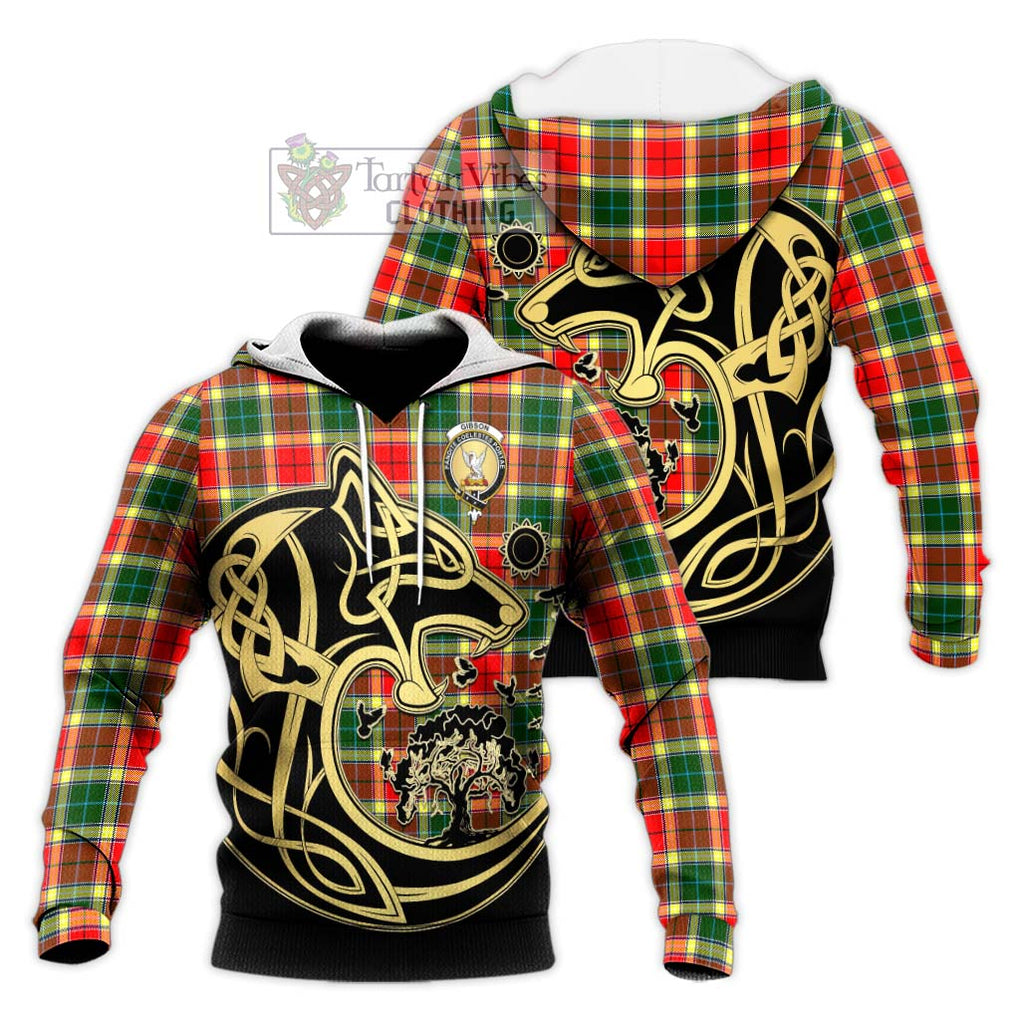 Gibson (Gibbs or Gibsone) Tartan Knitted Hoodie with Family Crest Celtic Wolf Style Unisex Knitted Pullover Hoodie - Tartan Vibes Clothing