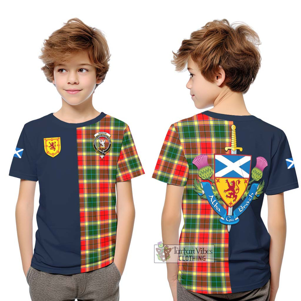 Tartan Vibes Clothing Gibson Tartan Kid T-Shirt with Scottish Lion Royal Arm Half Style