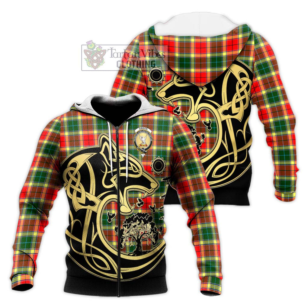 Gibson (Gibbs or Gibsone) Tartan Knitted Hoodie with Family Crest Celtic Wolf Style Unisex Knitted Zip Hoodie - Tartan Vibes Clothing