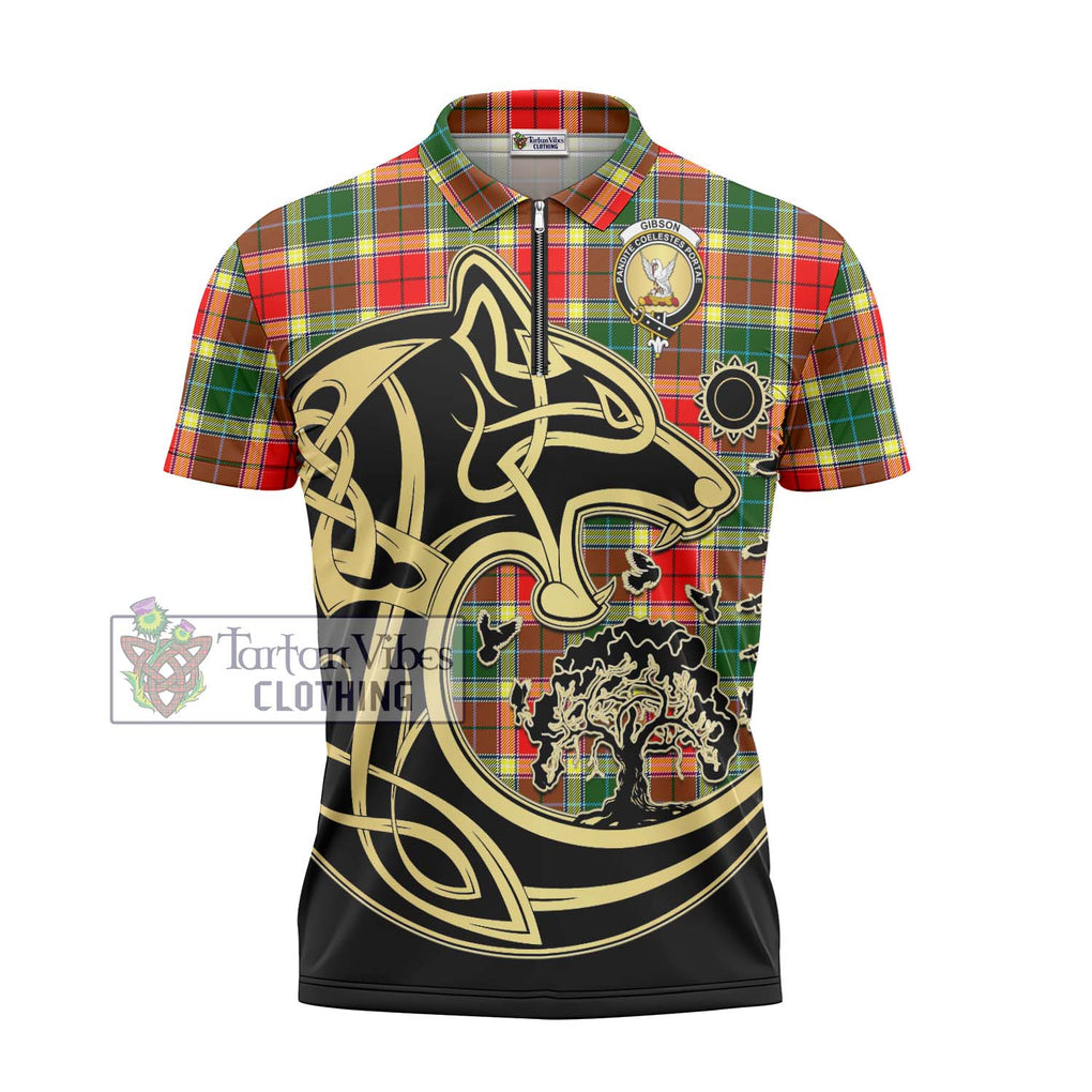 Gibson (Gibbs or Gibsone) Tartan Zipper Polo Shirt with Family Crest Celtic Wolf Style - Tartanvibesclothing Shop