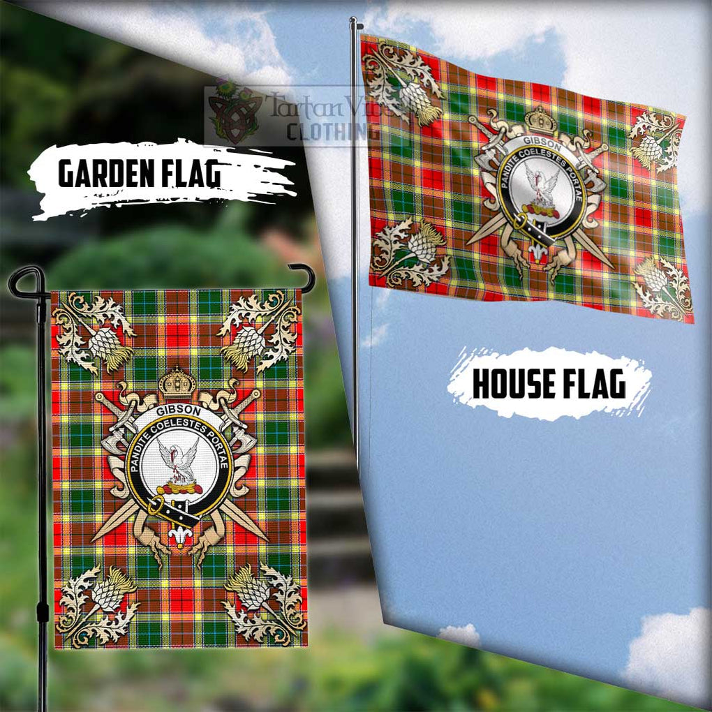 Tartan Vibes Clothing Gibson (Gibbs or Gibsone) Tartan Flag with Family Crest and Golden Thistle Crossed Sword Design