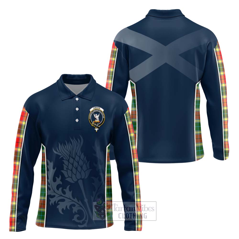 Tartan Vibes Clothing Gibson (Gibbs or Gibsone) Tartan Long Sleeve Polo Shirt with Family Crest and Scottish Thistle Vibes Sport Style