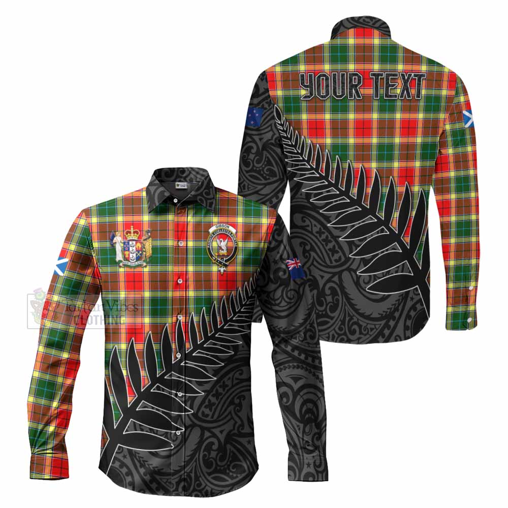 Tartan Vibes Clothing Gibson (Gibbs or Gibsone) Crest Tartan Long Sleeve Button Shirt with New Zealand Silver Fern Half Style