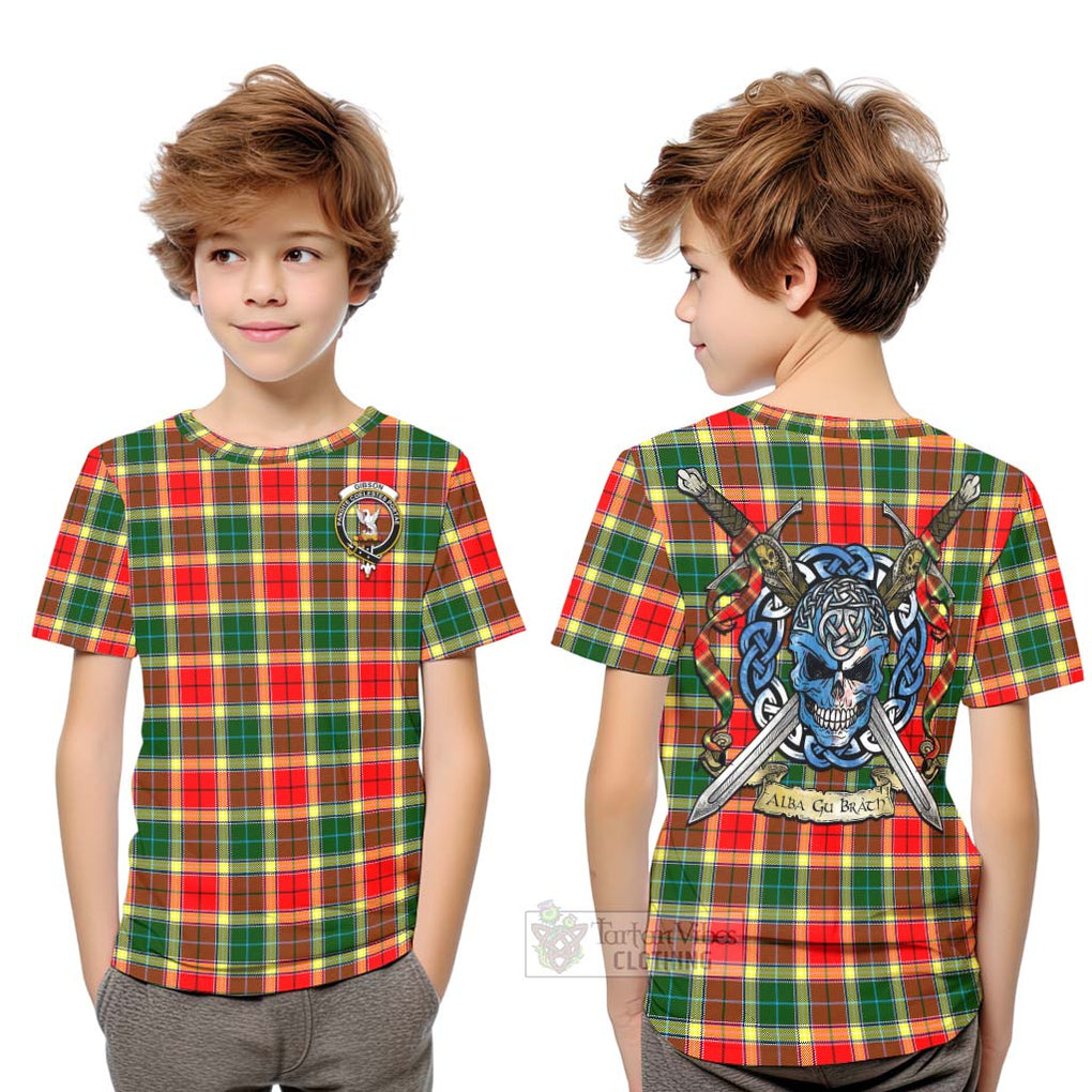 Tartan Vibes Clothing Gibson (Gibbs or Gibsone) Tartan Kid T-Shirt with Family Crest Celtic Skull Style