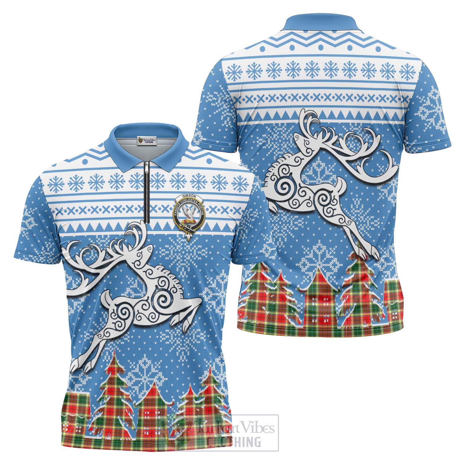 Tartan Vibes Clothing Gibson (Gibbs or Gibsone) Clan Christmas Zipper Polo Shirt Celtic Reindeer Style