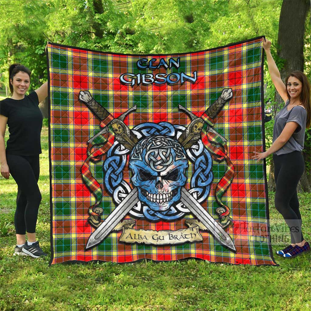 Tartan Vibes Clothing Gibson (Gibbs or Gibsone) Tartan Quilt with Celtic Skull Alba Gu Brath Style