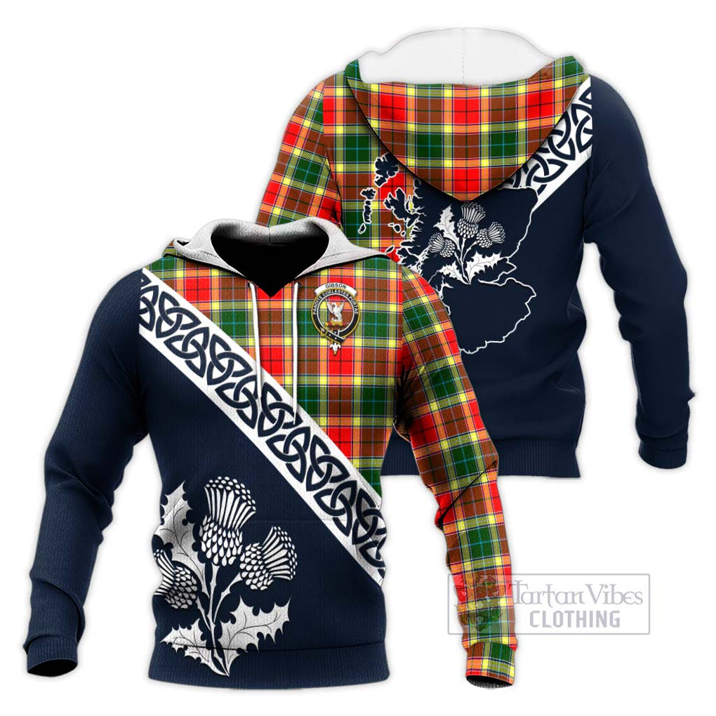 Tartan Vibes Clothing Gibson (Gibbs or Gibsone) Tartan Knitted Hoodie Featuring Thistle and Scotland Map