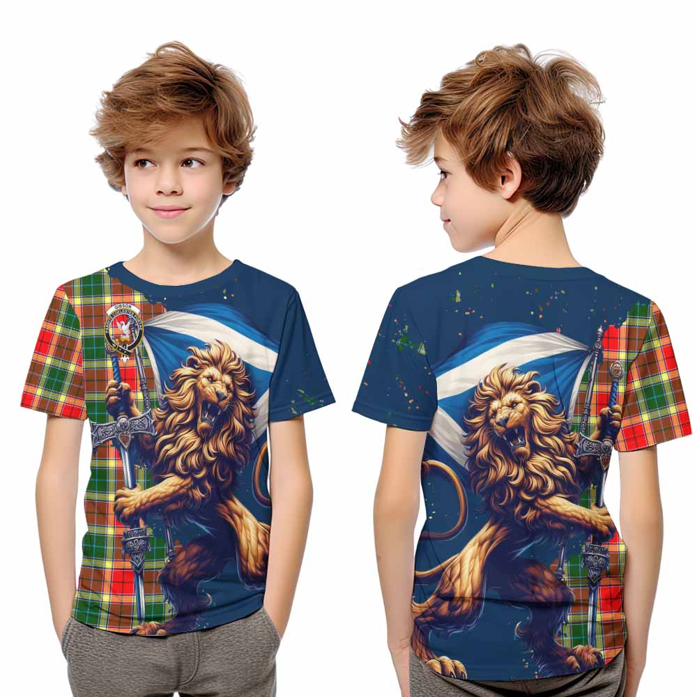 Tartan Vibes Clothing Gibson (Gibbs or Gibsone) Tartan Family Crest Kid T-Shirt with Scottish Majestic Lion