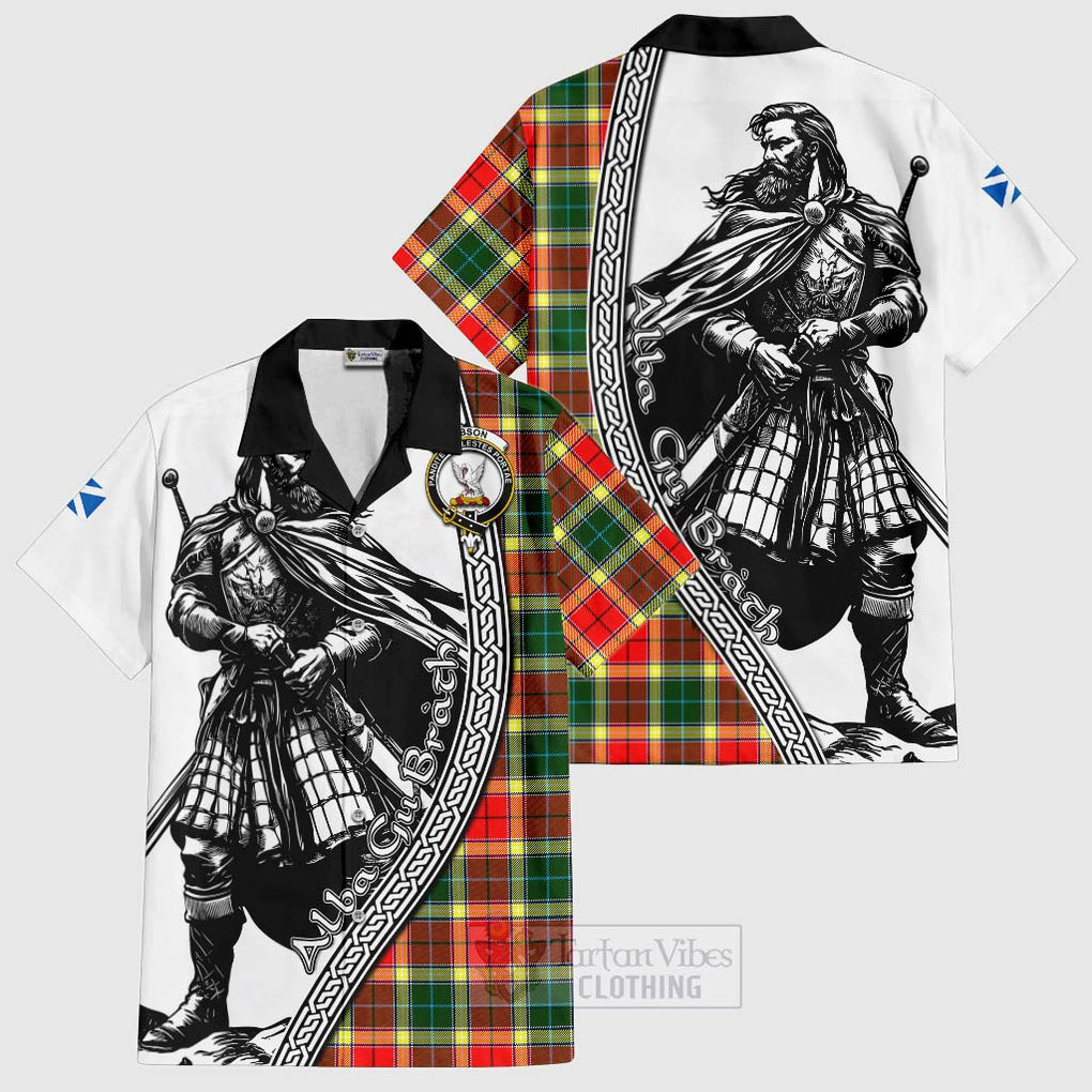 Tartan Vibes Clothing Gibson (Gibbs or Gibsone) Tartan Clan Crest Short Sleeve Button Shirt with Highlander Warrior Celtic Style