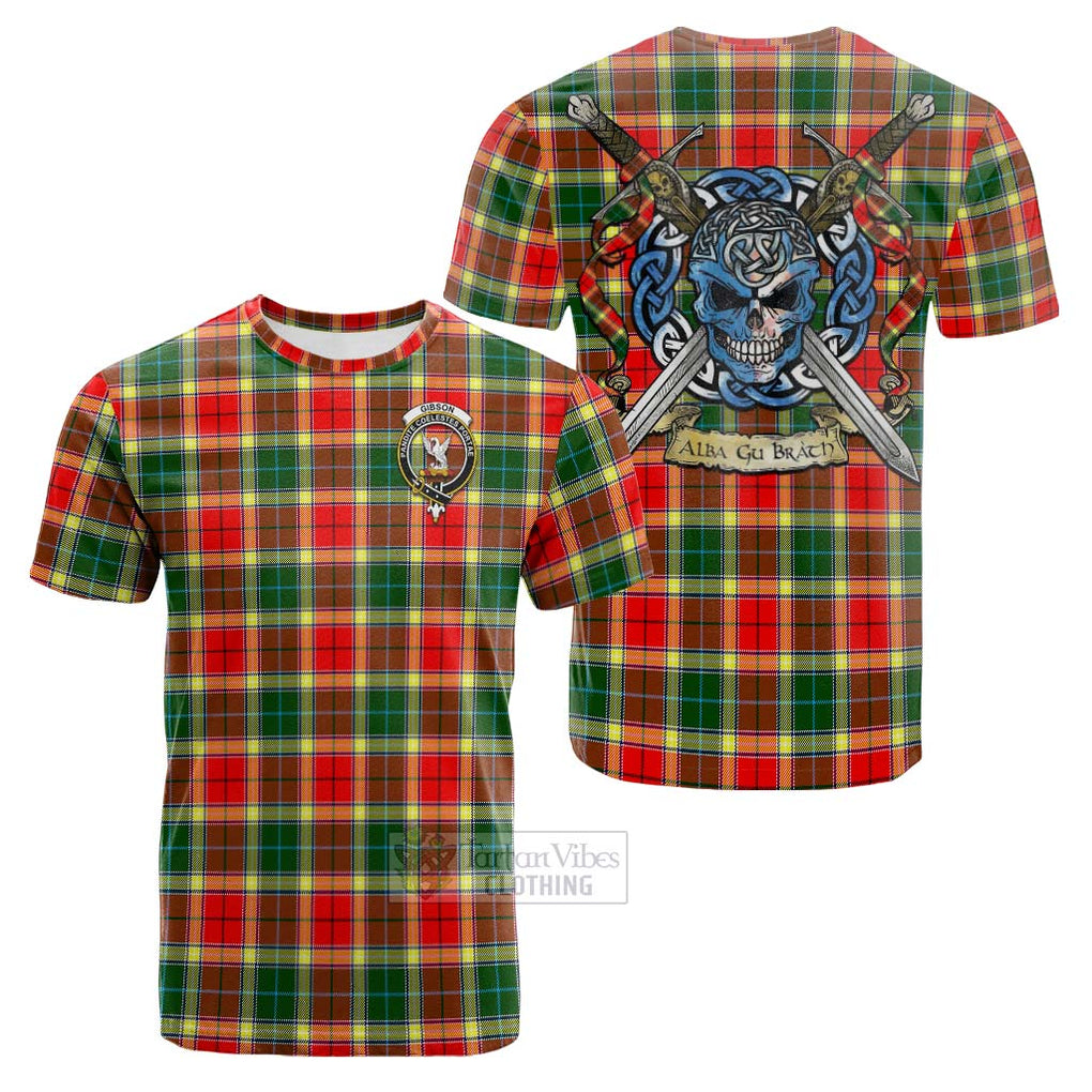 Tartan Vibes Clothing Gibson (Gibbs or Gibsone) Tartan Cotton T-shirt with Family Crest Celtic Skull Style