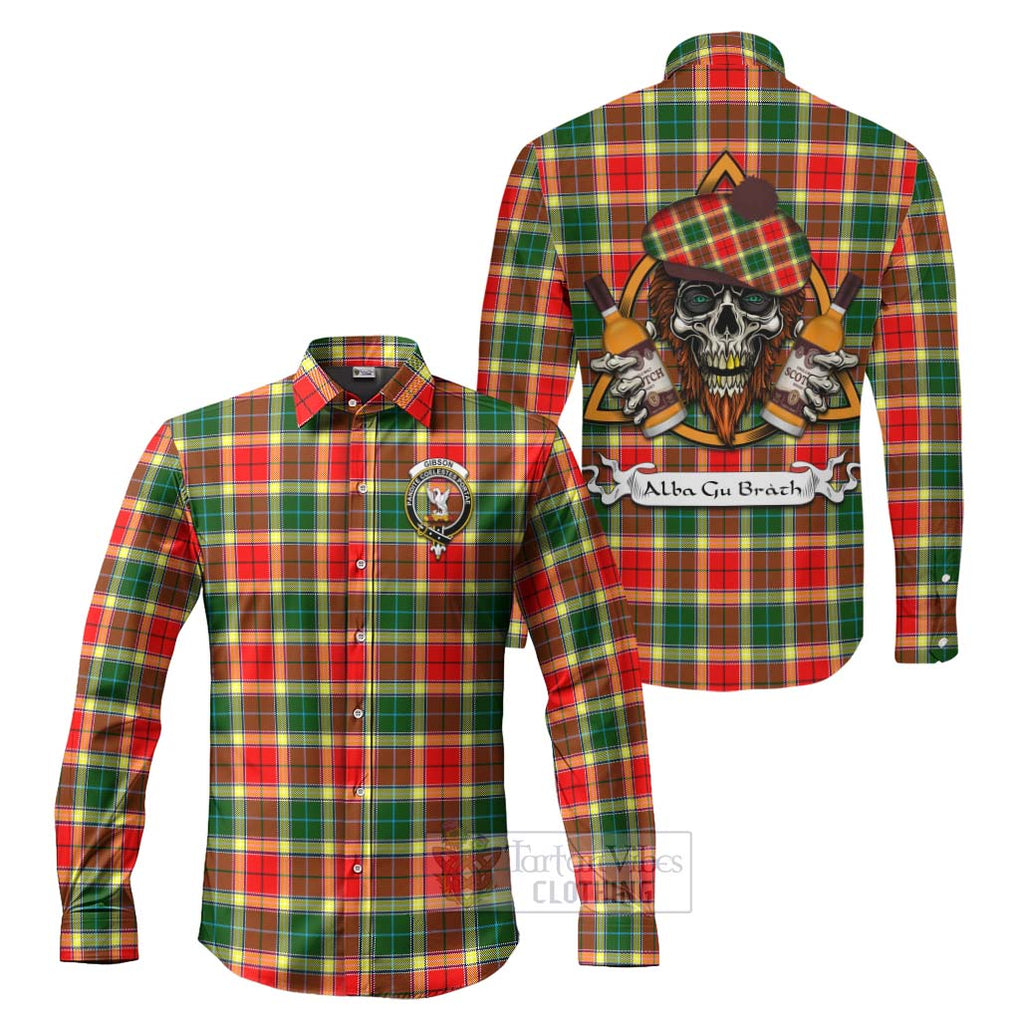 Tartan Vibes Clothing Gibson (Gibbs or Gibsone) Tartan Long Sleeve Button Shirt with Family Crest and Bearded Skull Holding Bottles of Whiskey