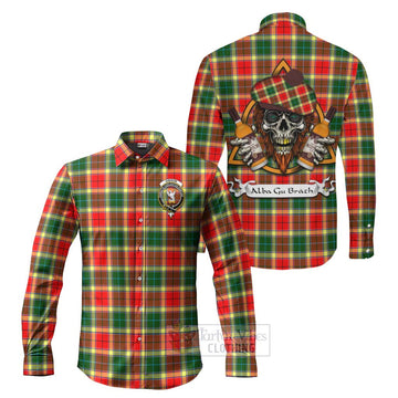 Gibson (Gibbs or Gibsone) Tartan Long Sleeve Button Shirt with Family Crest and Bearded Skull Holding Bottles of Whiskey