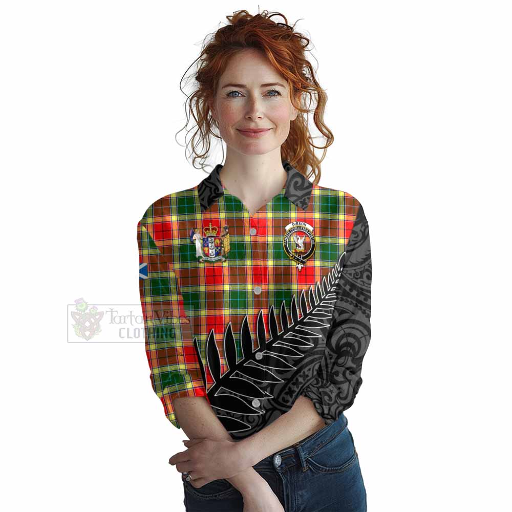 Tartan Vibes Clothing Gibson (Gibbs or Gibsone) Crest Tartan Women's Casual Shirt with New Zealand Silver Fern Half Style