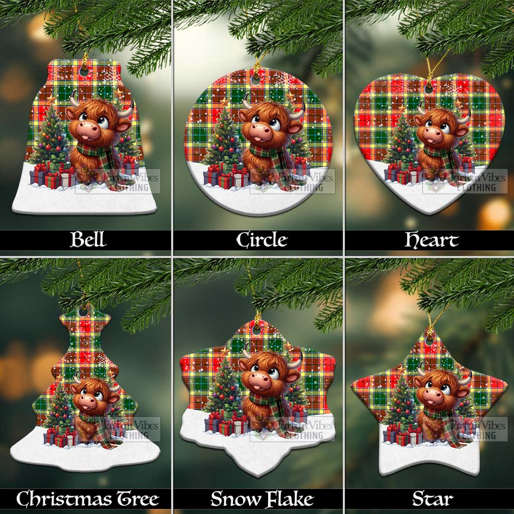 Tartan Vibes Clothing Gibson (Gibbs or Gibsone) Tartan Christmas Ceramic Ornament with Adorable Highland Coo