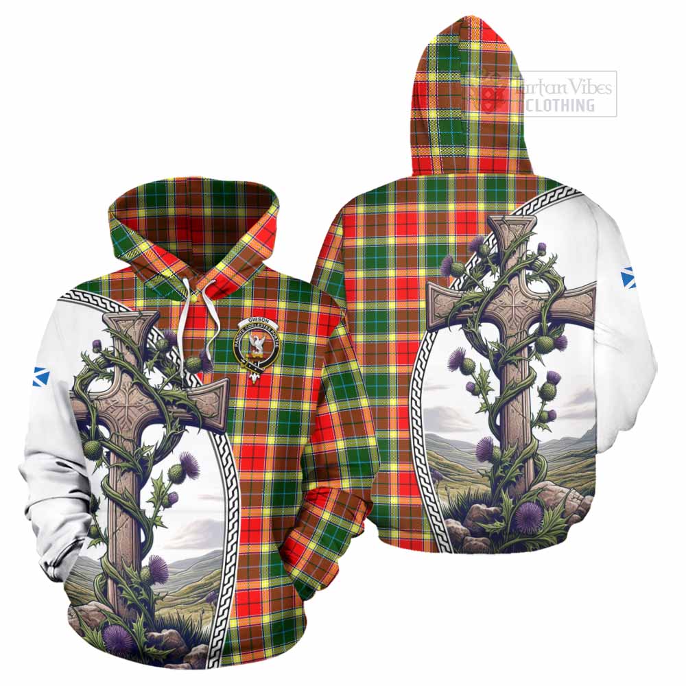 Tartan Vibes Clothing Gibson (Gibbs or Gibsone) Tartan Hoodie with Family Crest and St. Andrew's Cross Accented by Thistle Vines