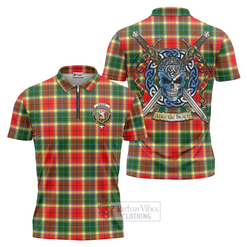 Tartan Vibes Clothing Gibson (Gibbs or Gibsone) Tartan Zipper Polo Shirt with Family Crest Celtic Skull Style