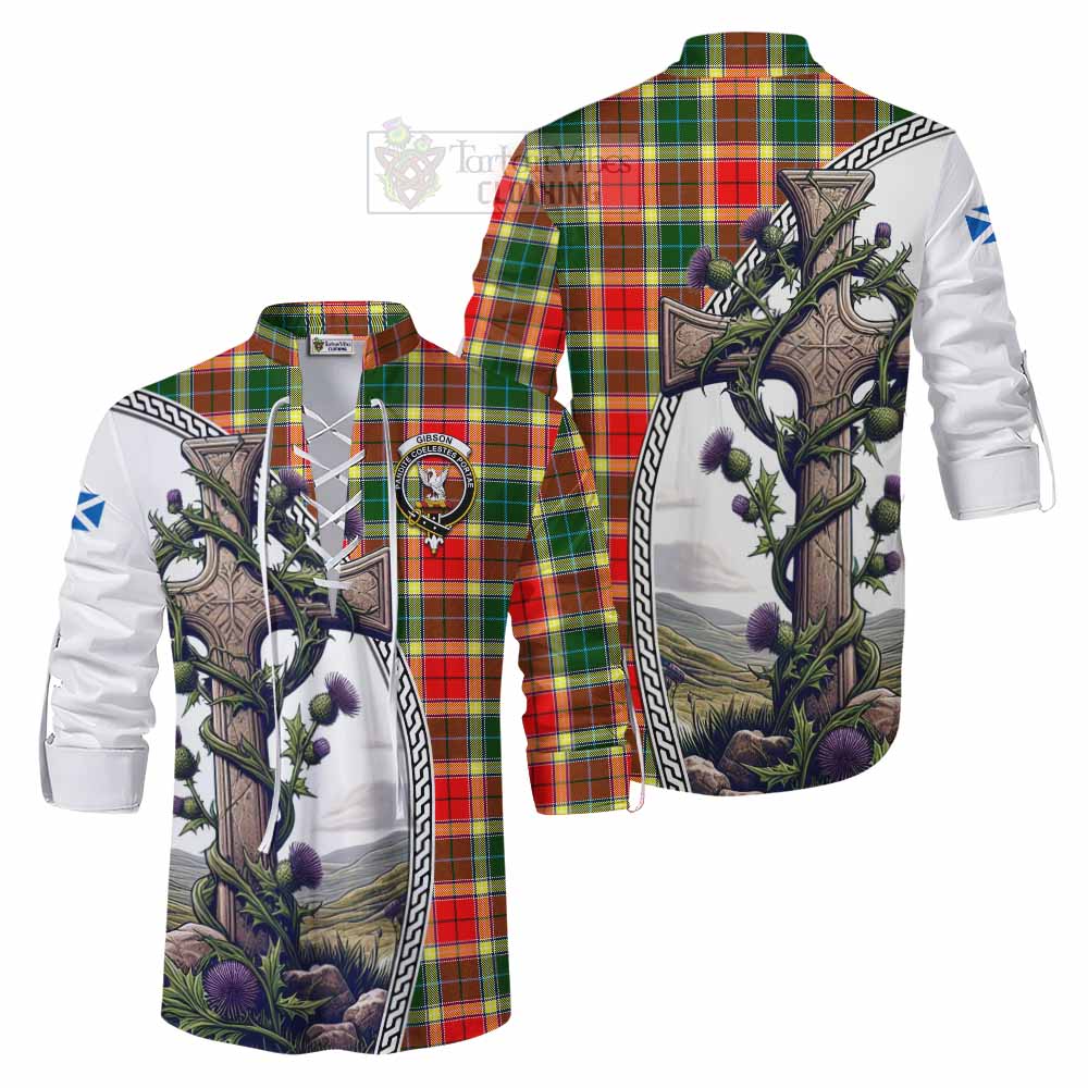 Tartan Vibes Clothing Gibson (Gibbs or Gibsone) Tartan Ghillie Kilt Shirt with Family Crest and St. Andrew's Cross Accented by Thistle Vines