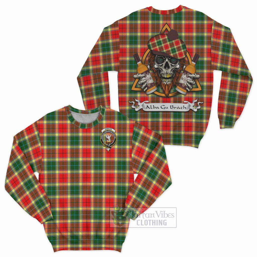 Tartan Vibes Clothing Gibson (Gibbs or Gibsone) Tartan Sweatshirt with Family Crest and Bearded Skull Holding Bottles of Whiskey