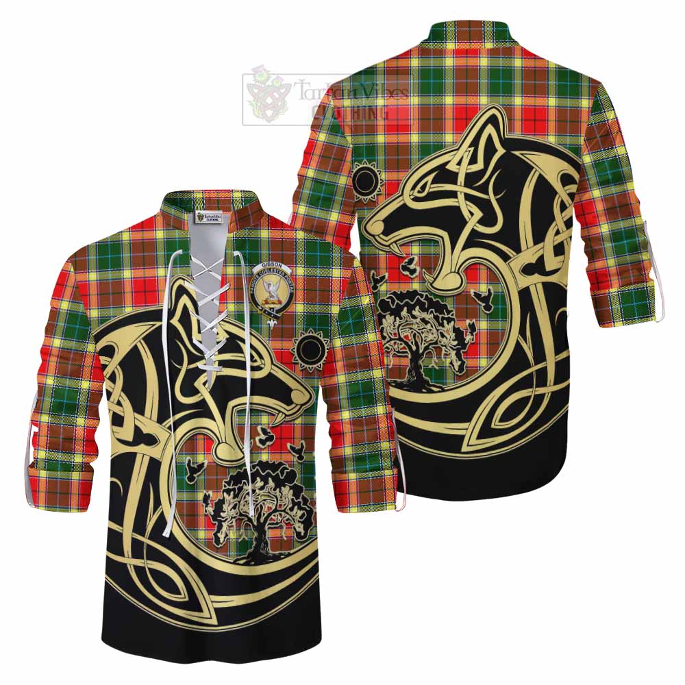 Tartan Vibes Clothing Gibson (Gibbs or Gibsone) Tartan Ghillie Kilt Shirt with Family Crest Celtic Wolf Style