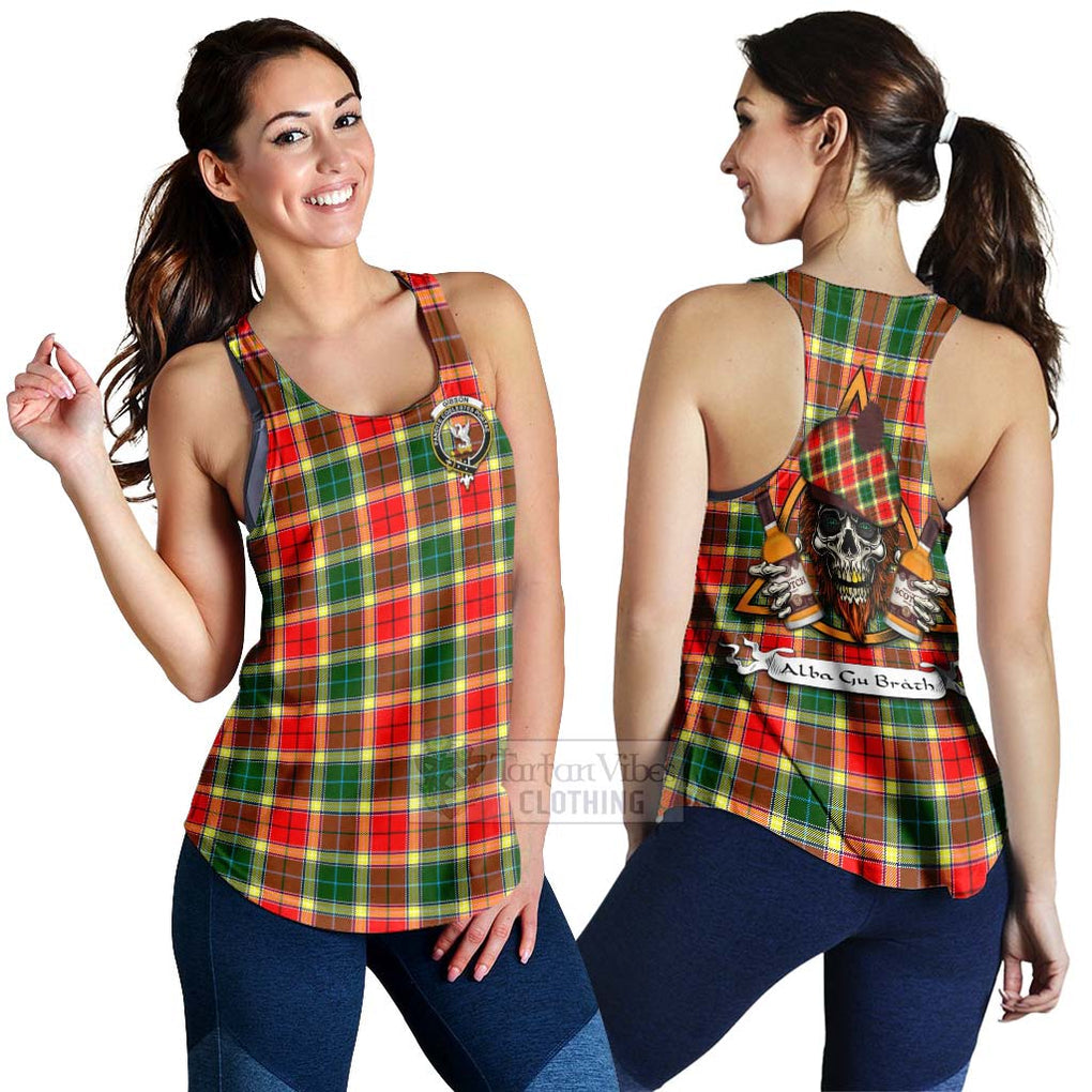 Tartan Vibes Clothing Gibson (Gibbs or Gibsone) Tartan Women's Racerback Tanks with Family Crest and Bearded Skull Holding Bottles of Whiskey