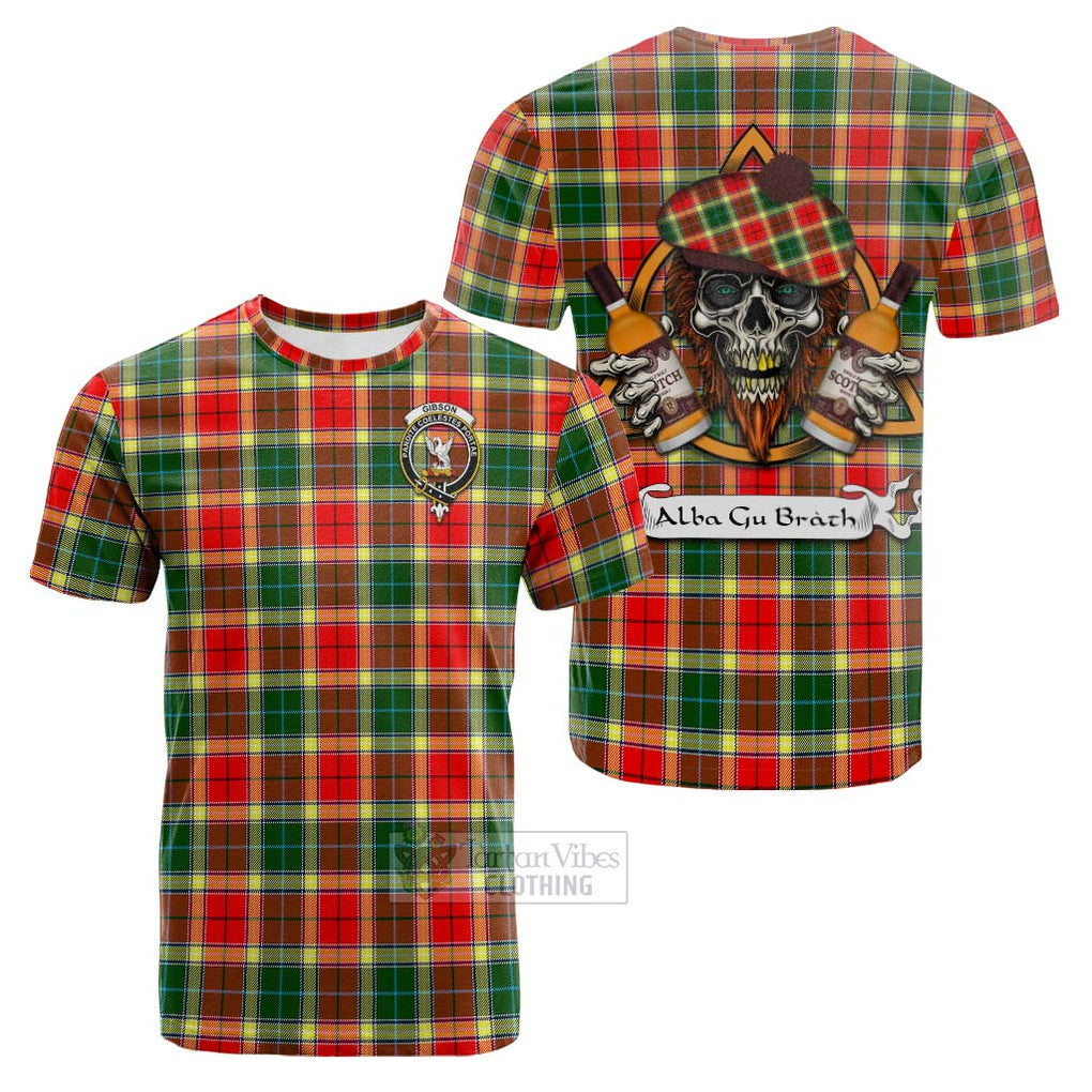 Tartan Vibes Clothing Gibson (Gibbs or Gibsone) Tartan Cotton T-shirt with Family Crest and Bearded Skull Holding Bottles of Whiskey