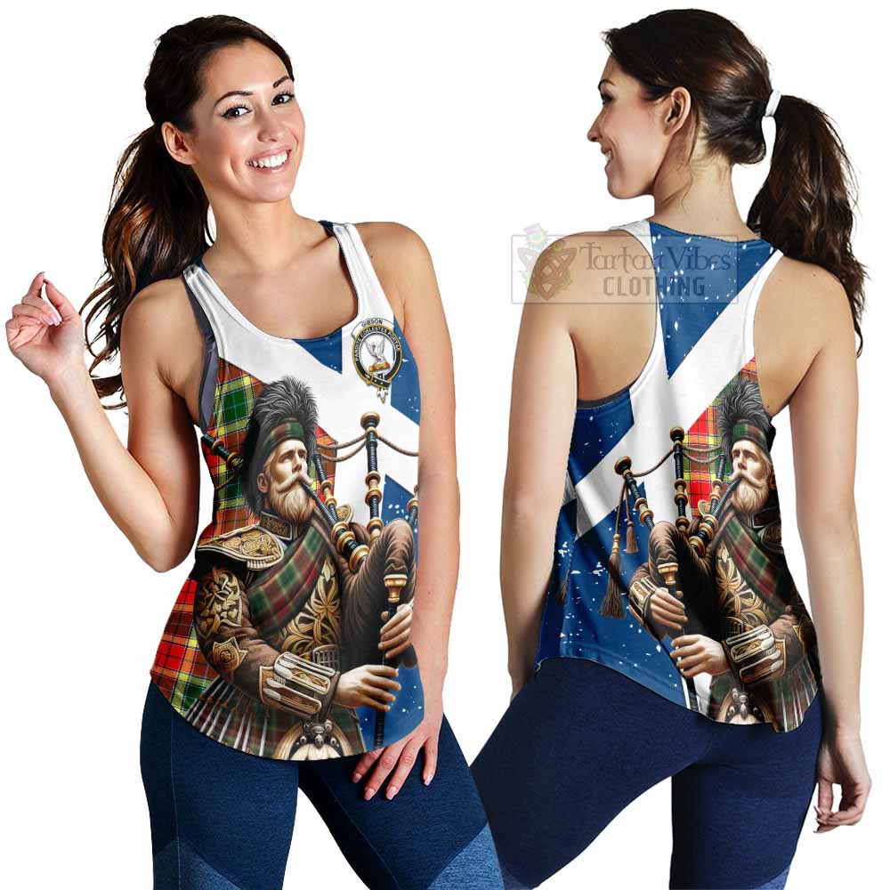 Tartan Vibes Clothing Gibson (Gibbs or Gibsone) Tartan Women's Racerback Tanks with Family Crest Scottish Bagpiper Vibes