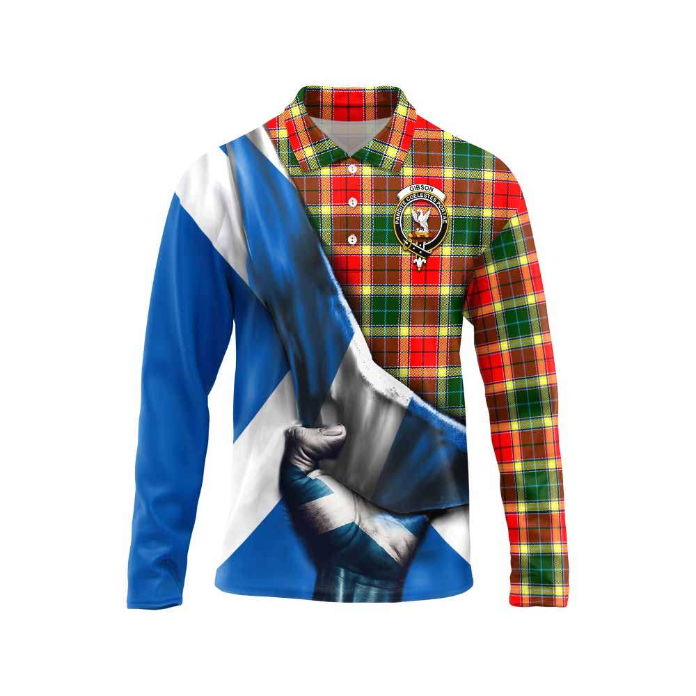 Tartan Vibes Clothing Gibson (Gibbs or Gibsone) Tartan Long Sleeve Polo Shirt with Family Crest Scotland Patriotic Style