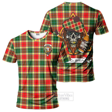 Gibson (Gibbs or Gibsone) Tartan T-Shirt with Family Crest and Bearded Skull Holding Bottles of Whiskey