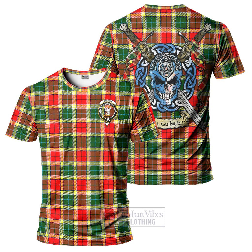 Tartan Vibes Clothing Gibson (Gibbs or Gibsone) Tartan T-Shirt with Family Crest Celtic Skull Style