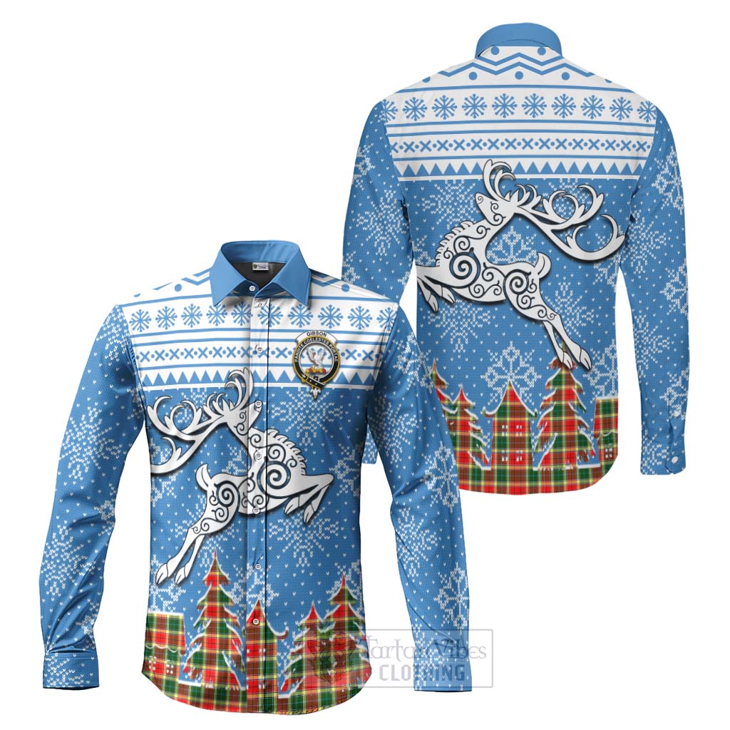 Tartan Vibes Clothing Gibson (Gibbs or Gibsone) Clan Christmas Long Sleeve Button Shirt Celtic Reindeer Style