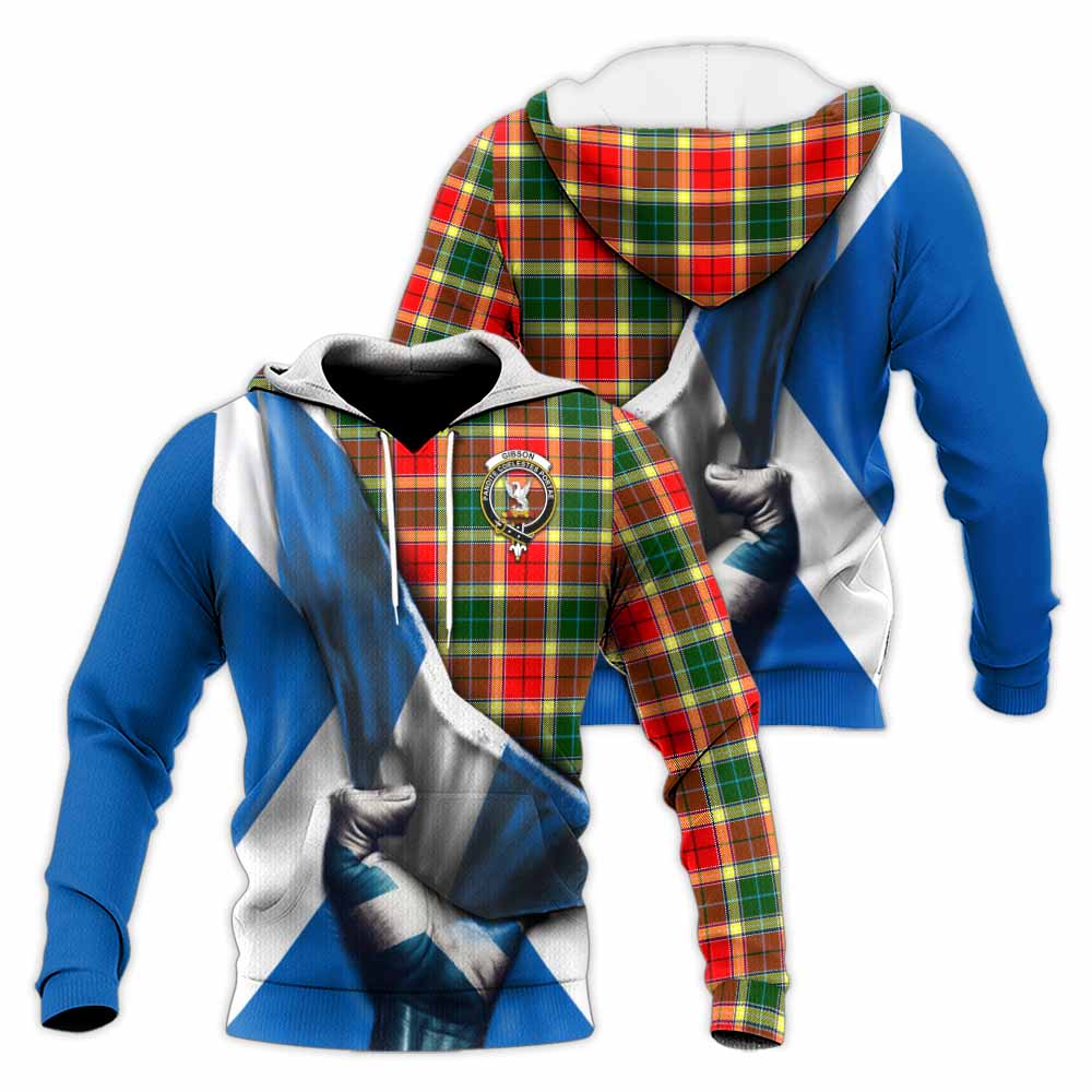 Tartan Vibes Clothing Gibson (Gibbs or Gibsone) Tartan Knitted Hoodie with Family Crest Scotland Patriotic Style