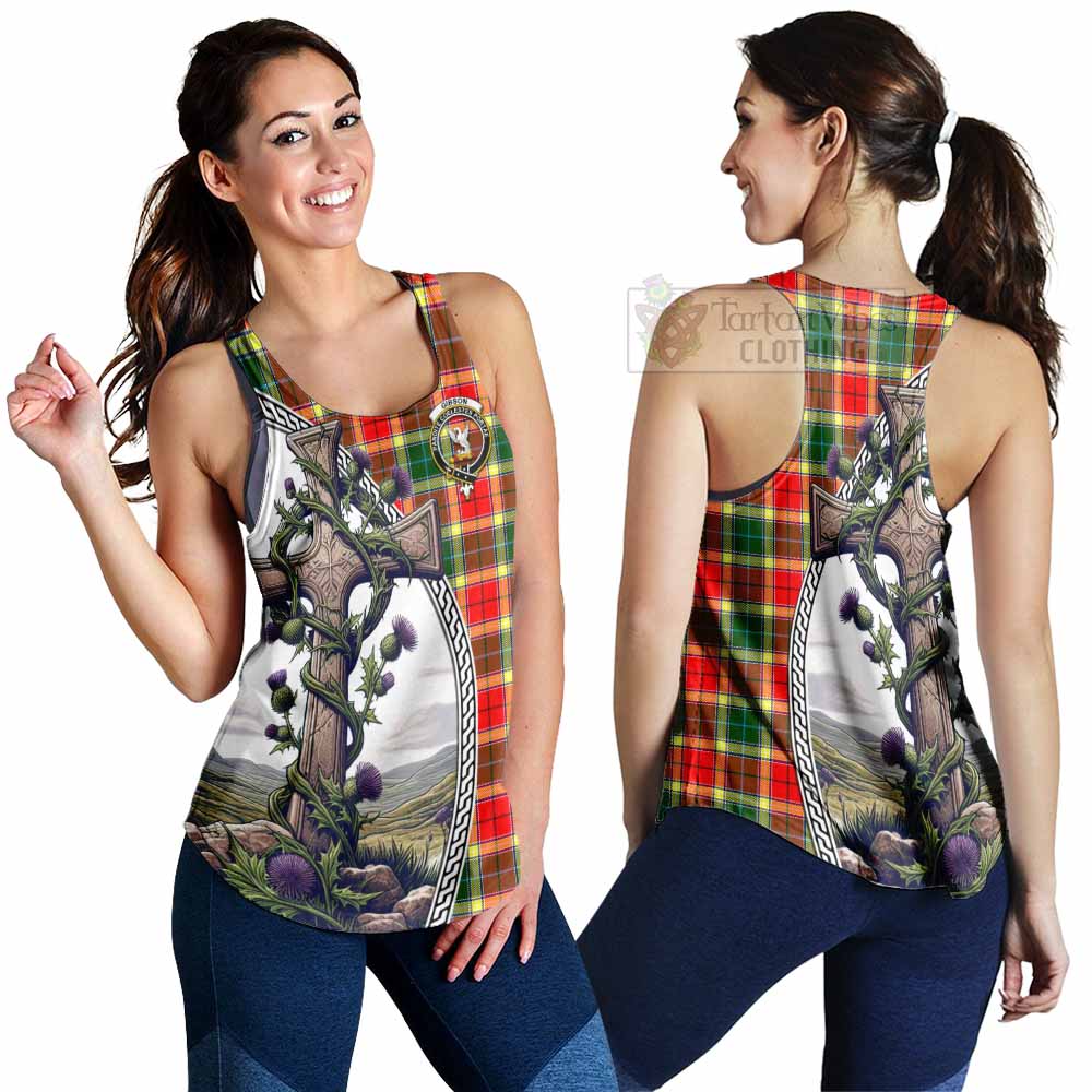 Tartan Vibes Clothing Gibson (Gibbs or Gibsone) Tartan Women's Racerback Tanks with Family Crest and St. Andrew's Cross Accented by Thistle Vines