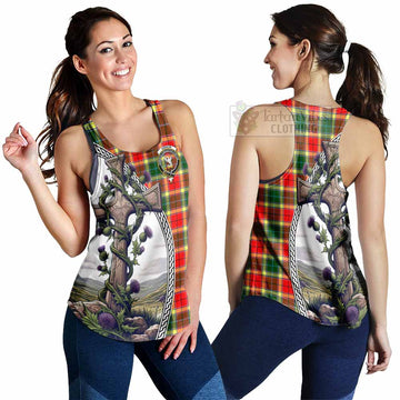 Gibson (Gibbs or Gibsone) Tartan Women's Racerback Tanks with Family Crest and St. Andrew's Cross Accented by Thistle Vines