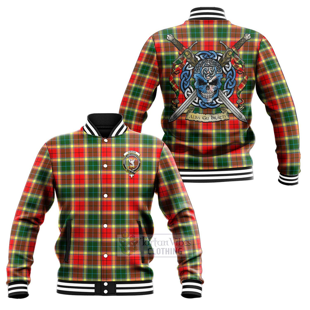 Tartan Vibes Clothing Gibson (Gibbs or Gibsone) Tartan Baseball Jacket with Family Crest Celtic Skull Style