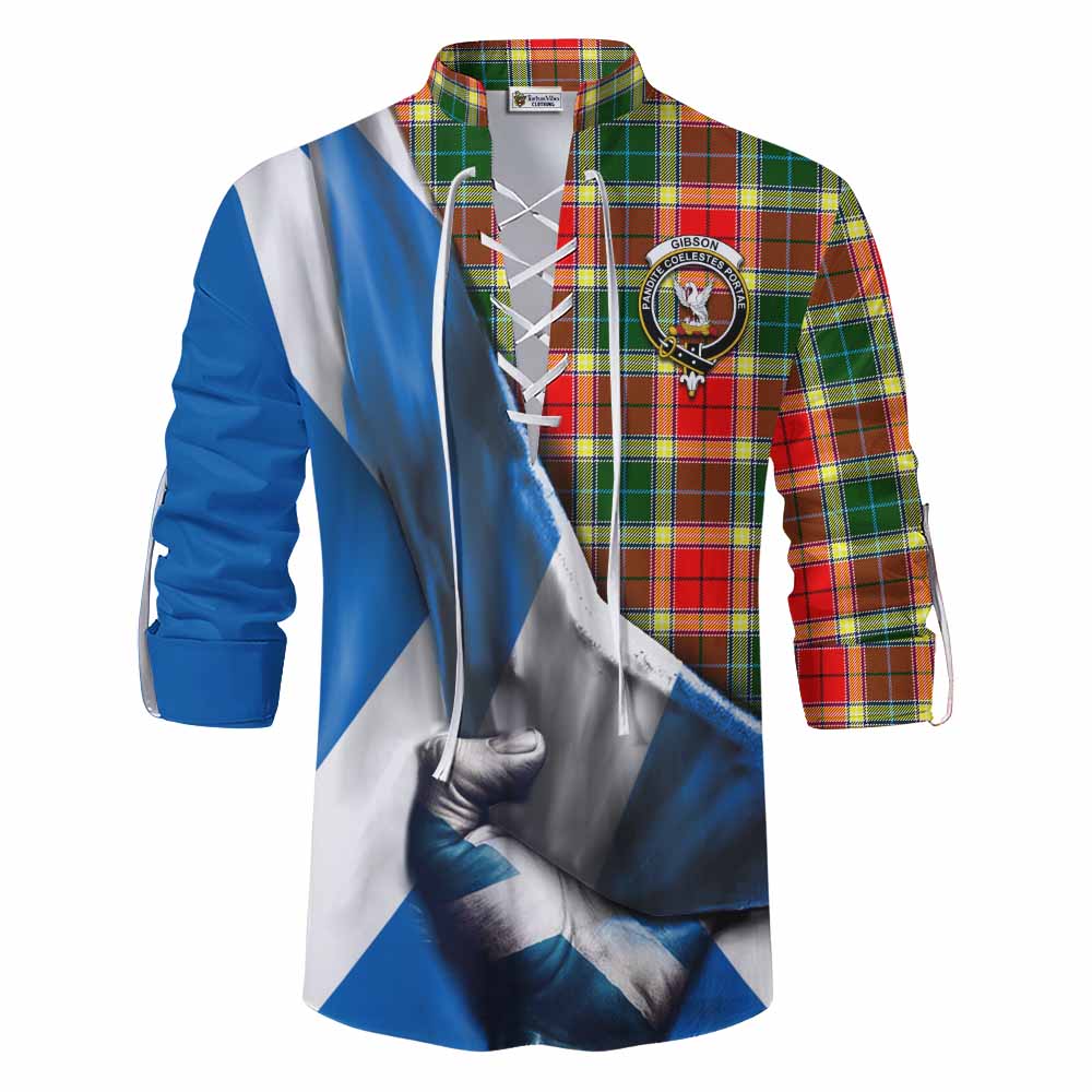 Tartan Vibes Clothing Gibson (Gibbs or Gibsone) Tartan Ghillie Kilt Shirt with Family Crest Scotland Patriotic Style