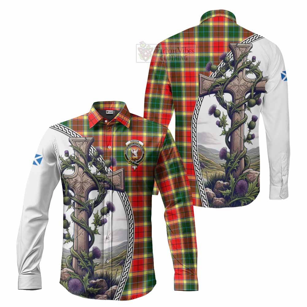 Tartan Vibes Clothing Gibson (Gibbs or Gibsone) Tartan Long Sleeve Button Shirt with Family Crest and St. Andrew's Cross Accented by Thistle Vines