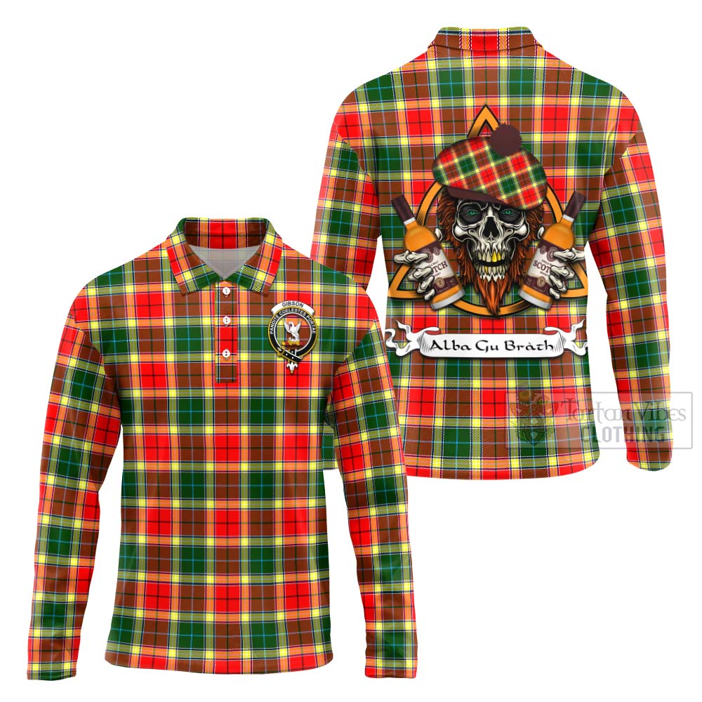 Tartan Vibes Clothing Gibson (Gibbs or Gibsone) Tartan Long Sleeve Polo Shirt with Family Crest and Bearded Skull Holding Bottles of Whiskey