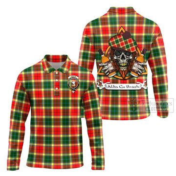 Gibson (Gibbs or Gibsone) Tartan Long Sleeve Polo Shirt with Family Crest and Bearded Skull Holding Bottles of Whiskey