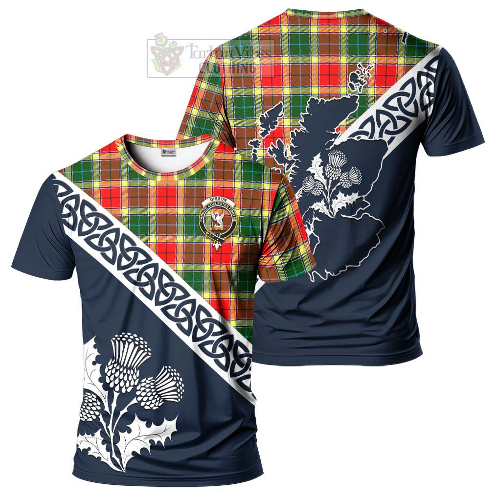 Gibson (Gibbs or Gibsone) Tartan T-Shirt Featuring Thistle and Scotland Map