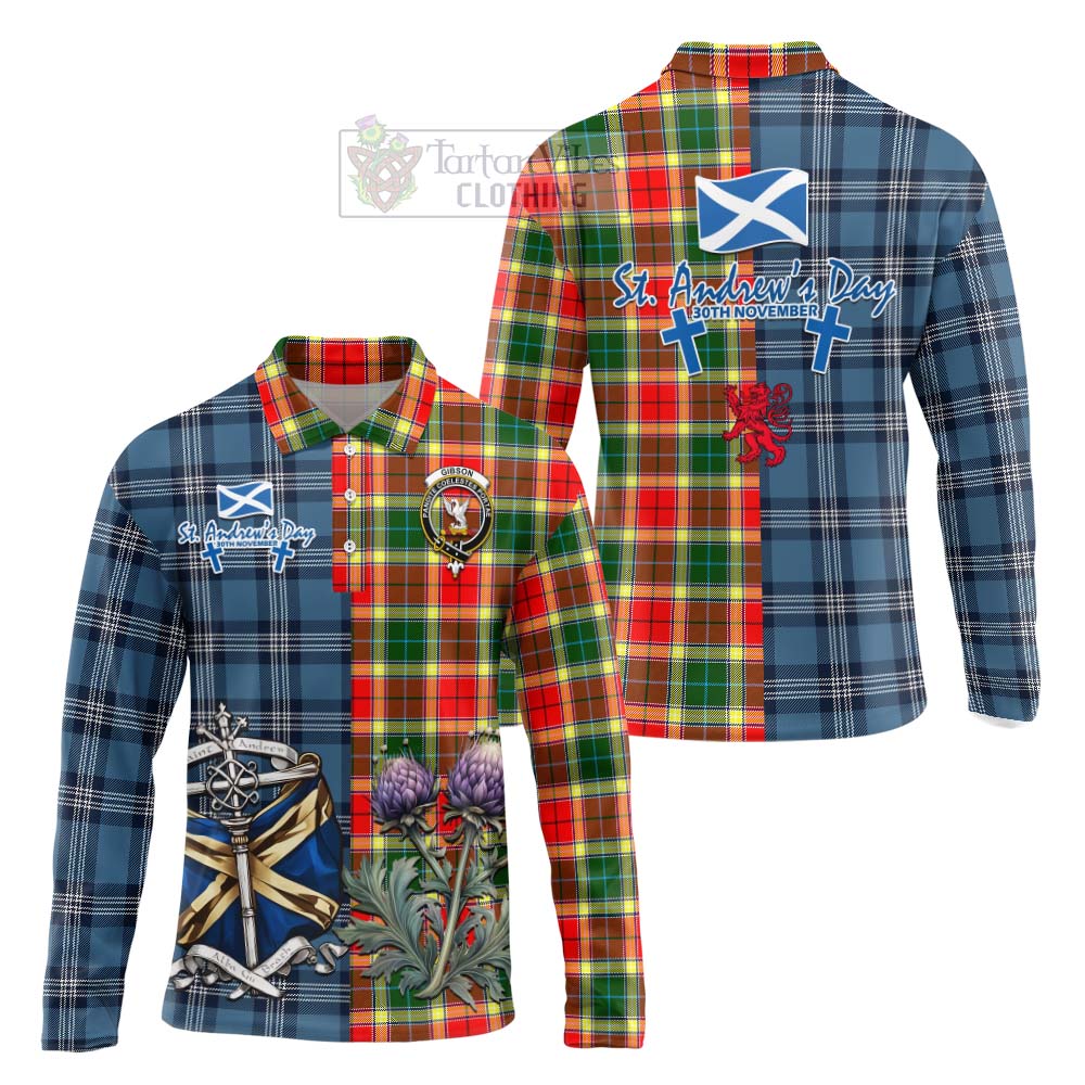 Tartan Vibes Clothing Gibson (Gibbs or Gibsone) Tartan Long Sleeve Polo Shirt Happy St. Andrew's Day Half Tartan Style